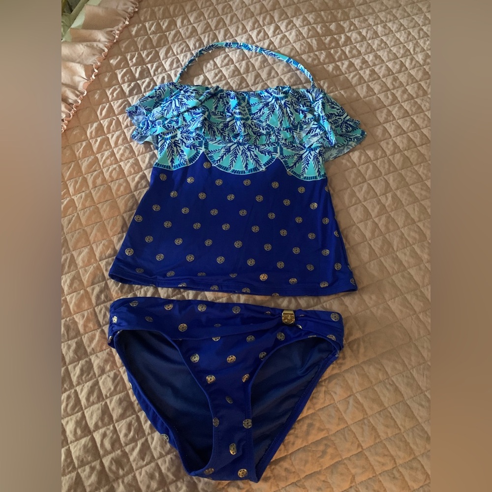 Lilly Pulitzer tankini ruffle blue aqua gold 0 EUC